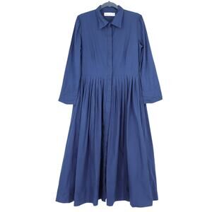 BURU Button Maxi Shirt Dress Navy Blue 3/4 Sleeve A-Line Lagenlook Women's L